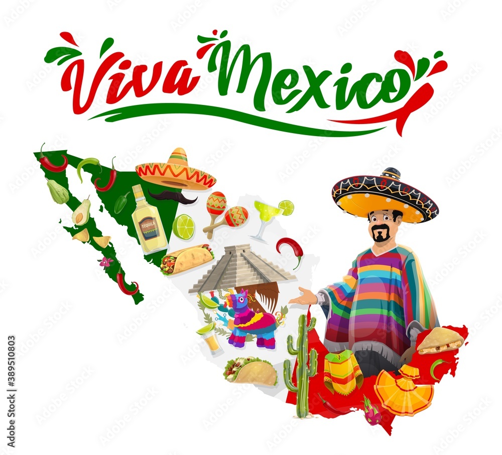 Viva Mexico vector poster with Mexican man in sombrero and poncho ...