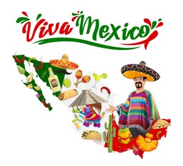 Wall Mural - Viva Mexico vector poster with Mexican man in sombrero and poncho, maracas, kukulkan temple and map with pinata. Cartoon traditional symbols tequila, tacos and jalapeno, isolated label with typography