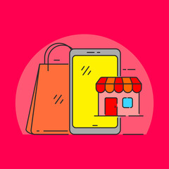 Canvas Print - Smartphone with store and shopping bag vector illustration suitable for online shopping concept. Linear color style of online shopping icon