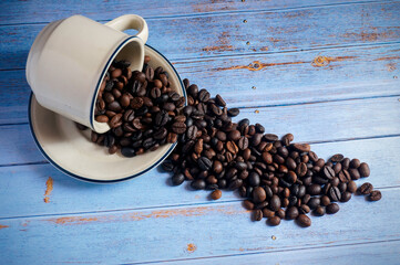 Coffee beans on wood table