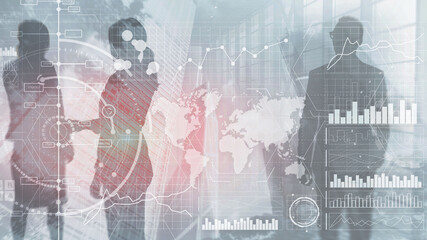 Wall Mural - financial dashboard with business intelligence. background silhouettes and city.
