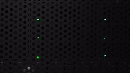 Green Lights Inside A Data Server Cabinet In The Dark Room - Close up