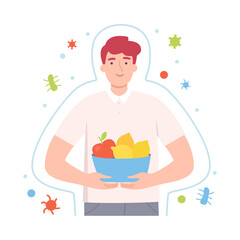 Sticker - Young Male Character Holding Vitaminic Fruits Vector Illustration