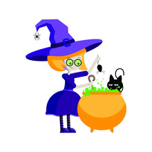Young Witch Together With Cat Brew A Potion In A Pot For Halloween