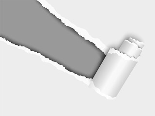 Wall Mural - Torn, snatched window placed diagonally from upper left corner in white paper with paper curl. Dark gray background of the resulting hole. Vector template paper design.