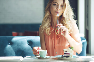 Young beautiful woman eating dessert. Cheerful attractive young woman with long hair and eating dessert. High quality photo.