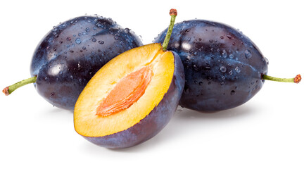 Wall Mural - fresh plum fruit with cut plum slices isolated on white background. Clipping path.