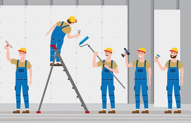 Set Construction workers with cordless screwdriver, brush, plastering trowel, rollerbrush tools in workwear