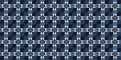 Abstract geometric pattern seamless, vector circle, triangle and square lines art design. Monochrome indigo blue pattern background. Idea for paper, cover, fabric, interior decor and other users.