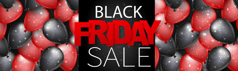 Wall Mural - Black Friday Sale banner or website header. Big discount of the year design concept with shiny helium baloons. Realistic vector illustration.