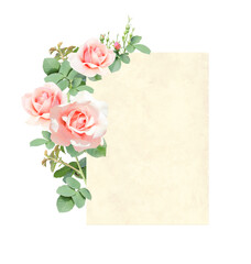 Sticker - Vertical retro card with branch of Climbing rose with pink flowers