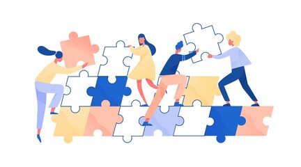 Wall Mural - people assembling giant jigsaw puzzle together. concept of teamwork and employee cooperation. collea