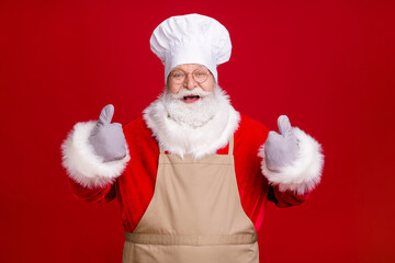 Wall Mural - Photo of crazy stylish grey white hair bearded santa claus show thumb-up sign x-mas tradition cooking wear cap potholder apron isolated red bright color background