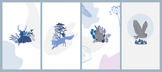 Winter Holidays vertical background collection with plants, forest nordic animals in Scandinavian style. Editable vector illustration.