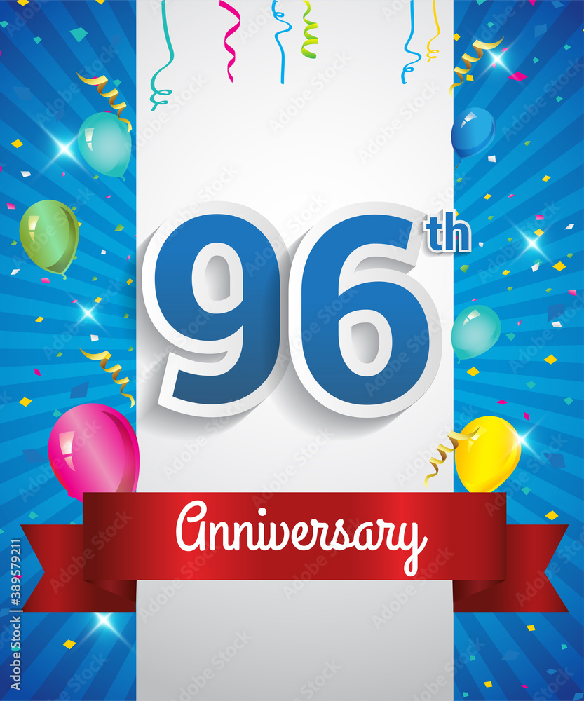 Celebrating 96th Anniversary logo, with confetti and balloons, red ...