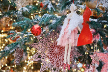Christmas Trees With Lots Of Balls, Angel Dolls And Baubles, Copy Space