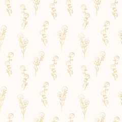 Wall Mural - Seamless pattern with golden flower branches. Floral texture for wedding invitations. Vector isolated spring gold flourish background for textile.