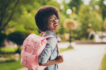 Poster - View from bellow photo portrait of laughing happily black skinned positive female student walking in park wearing pink backpack smiling