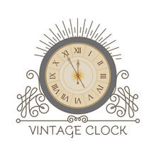 Antique Clock With Elegant Frame. Old Fashioned Design Element. Vintage Watch.