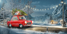 Santa Claus In Cute Car With Decorated Christmas Tree On Top Goes By Wonderful Countryside Road.