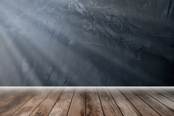 Empty wooden table platform with dark loft concrete cement plaster wall