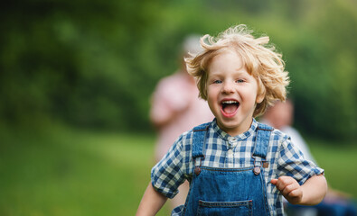 Wall Mural - Small boy with unrecognizable grandparents on a walk on meadow in nature, running.