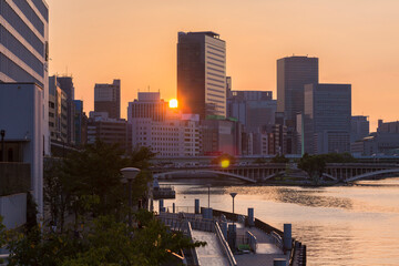 Canvas Print - 中之島に沈む夕陽と八軒家浜