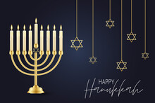 Happy Hanukkah. Traditional Jewish Holiday. Chankkah Banner Background Design Concept. Judaic Religion Decor With Menorah, Candles, David Star. Vector Illustration.