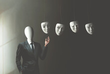 Illustration Of Businessman Without Face Choosing The Right Mask To Wear, Surreal Identity Concept