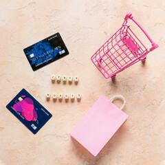 Sticker - Shopping cart with bag, credit cards and text CYBER MONDAY on color background