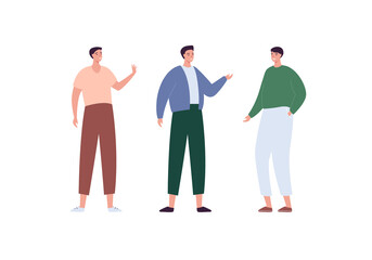 Wall Mural - Casual character set. Vector flat modern person illustration. Male people. Man group of friend of caucasian and hispanic ethnic standing isolated on white. Design element. Contemporary style.