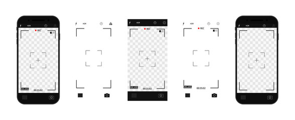Camera interface in phone screen. Photo, video ui in cellphone. App for record from mobile cam. Viewfinder, grid, focus, button and rec. Smartphone mockup for photography, selfie and video. Vector