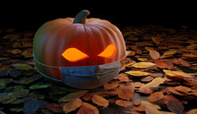 Scary Pumpkin With Face Mask On Halloween In 2020 Coronavirus Pandemic. 3D Rendered Illustration.