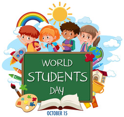 Sticker - World Students Day logo or banner with group of childrens and student items