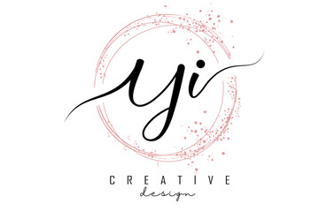 Handwritten YI Y I letter logo with sparkling circles with pink glitter.