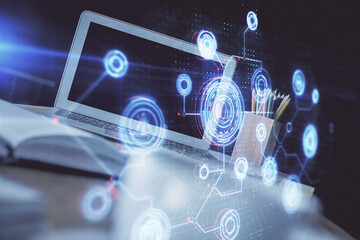 double exposure of desktop computer and technology theme hologram. concept of software development.
