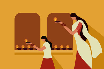Wall Mural - A mother and daughter wearing traditional dress holding lighted Diwali oil lamps in their hands