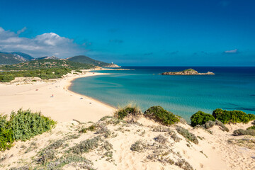 cristal clear water and white sand in Su Giudeu beach, Chia, Sardinia