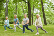 © Seventyfour - Group of four senior men and women wearing sports clothes doing leg stretching exercise in park