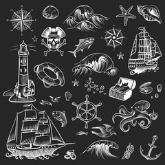 Pirate sketch set. Adventure hand drawn collection. Retro ship and compass, lighthouse and octopus, chest with treasure, chalkboard ocean vector white illustration on black background