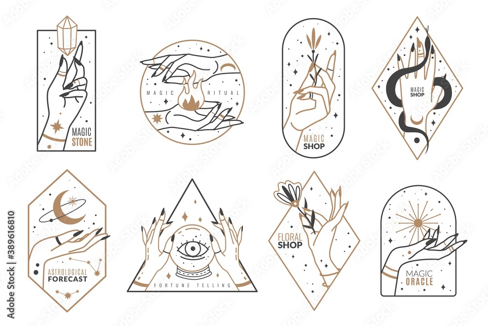 Occult line emblems. Outline women hands with mystical magic elements in minimalistic trendy style, witchcraft golden symbols and mysterious objects, elegant vector isolated collection - obrazy, fototapety, plakaty 