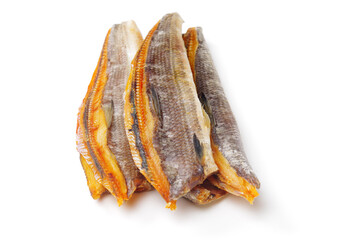 Wall Mural - Dried salted fishes on white background