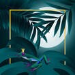 Exotic palm leaves with tropical frog at full moon night