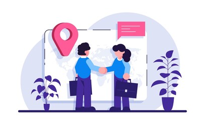 Expat work concept. Human resources agency for migrants. Effective migrant workers, expatriate programme, outside country employment. Modern flat illustration.