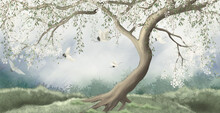 A Tree In The Fog With A Crane Flying. For Interior Printing.