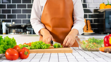 young Asian woman is preparing healthy food vegetable salad by Cutting ingredients on cutting board on light kitchen, Cooking At Home and healthy food concept