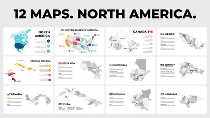 Wall Mural - North and Central America vector map infographics. USA, Canada, Mexico. 12 slide presentation templates. World transportation geography data. Global business marketing concept. 