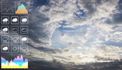 Wall Mural - weather forecast symbol data presentation with graph and chart on dramatic atmosphere panorama view 