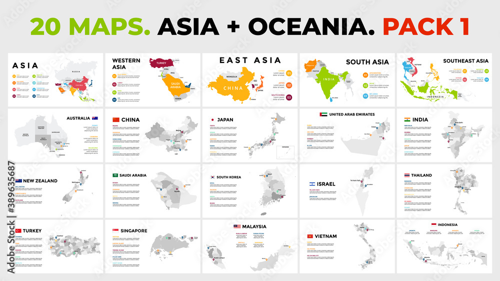 Asia plus Oceania. 20 vector maps. Infographic template for business ...