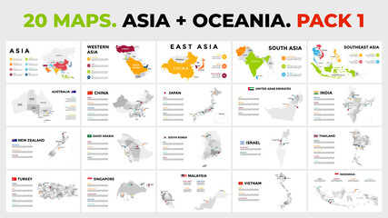 Wall Mural - Asia plus Oceania. 20 vector maps. Infographic template for business presentation. Includes Australia, India, New Zealand, Japan, China, UAE etc. All countries divided into regions and with flags.